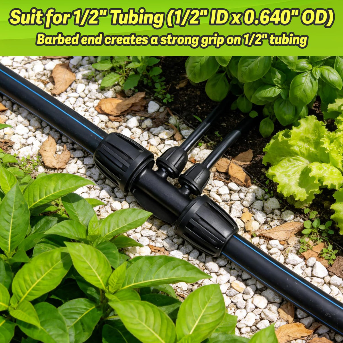 Copadri barbed tees closeup; demonstrates tight fit and easy connection for irrigation lines.