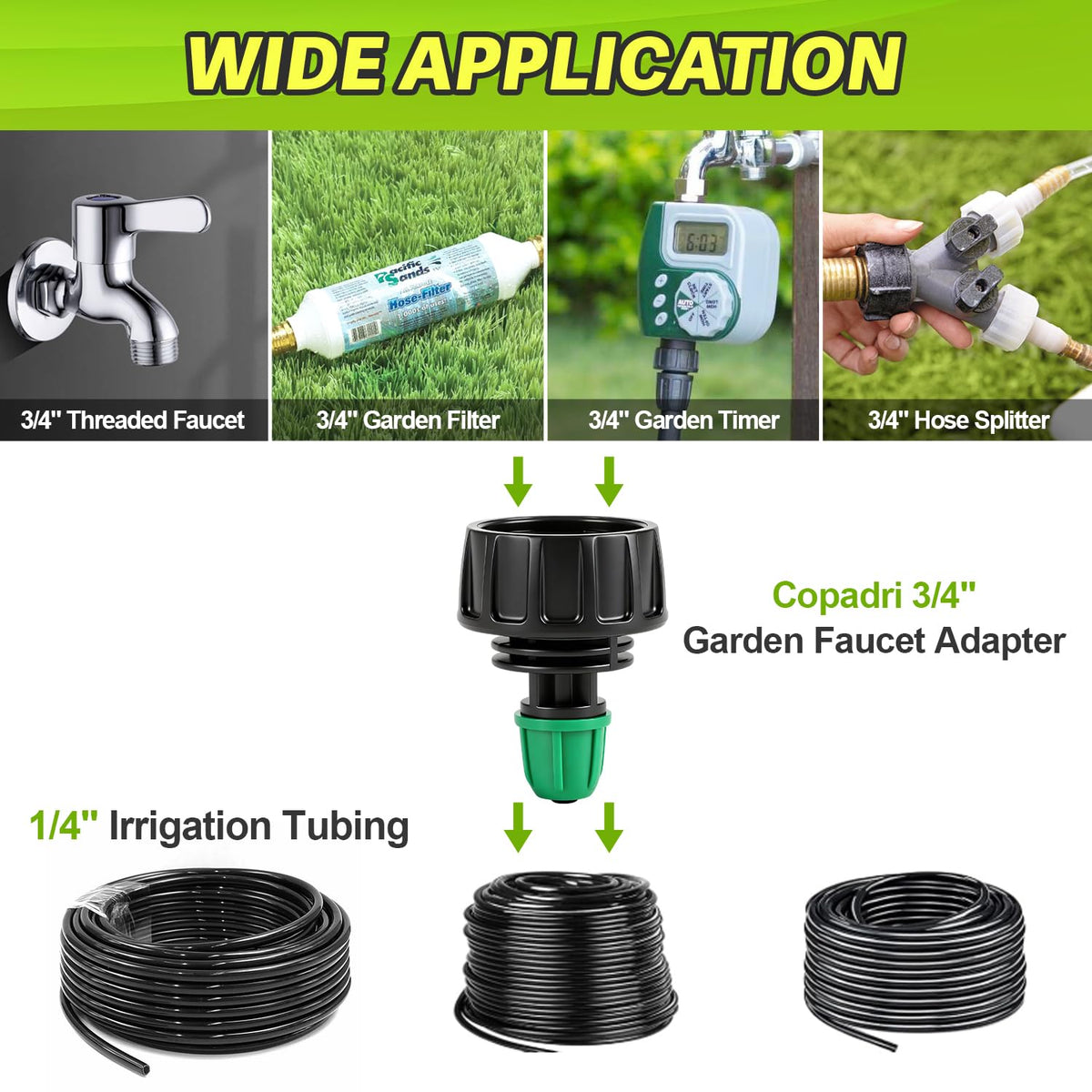 Copadri easy-installation drip system highlights quick setup with standard garden hardware.