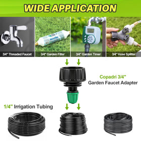 Copadri easy-installation drip system highlights quick setup with standard garden hardware.