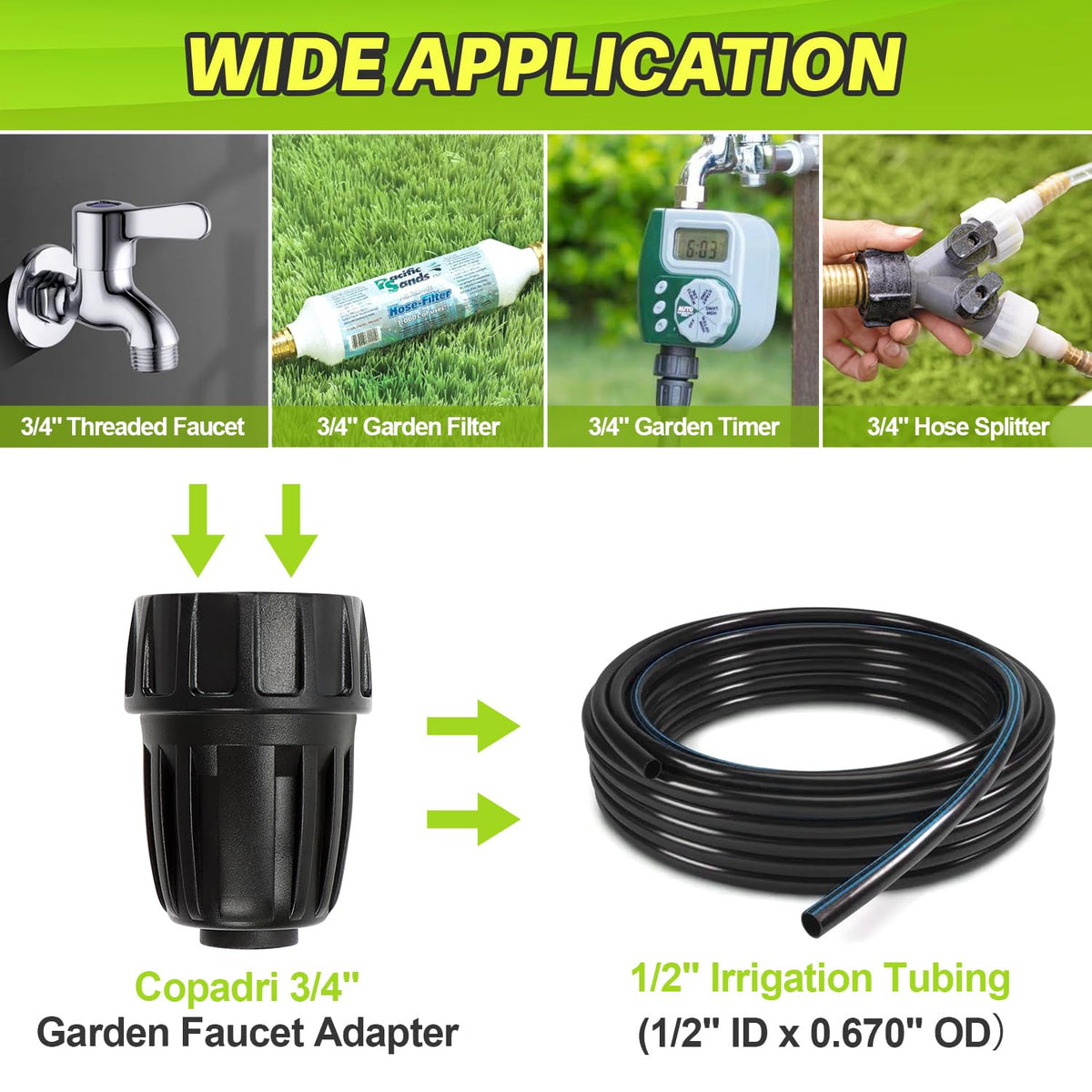 Copadri garden irrigation setup with drip tubing and faucet