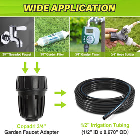 Copadri garden irrigation setup with drip tubing and faucet