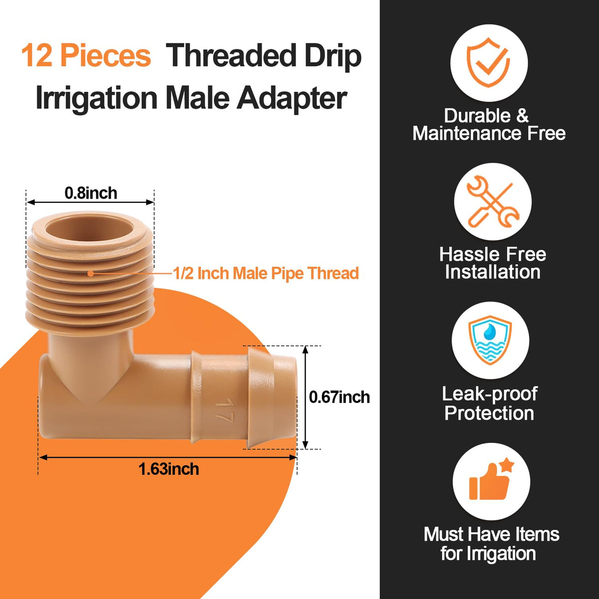 Copadri half-inch MPT to barb elbow connection for easy tubing joins.