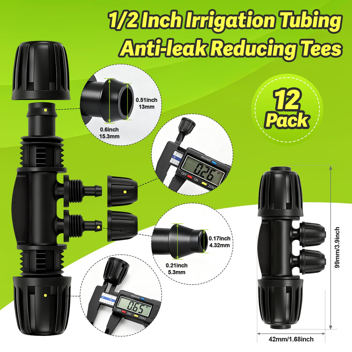 Copadri half-inch to quarter-inch drip fittings; close-up shows barbed design for secure grip.