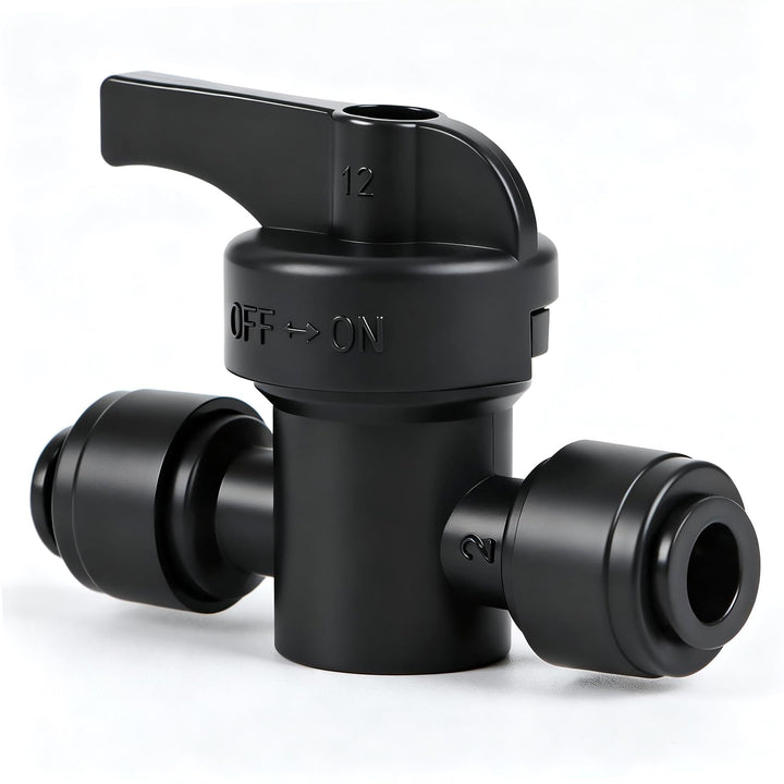 Copadri quick-connect valve assembly showing effortless, leak-free 1/4-inch tubing connection.