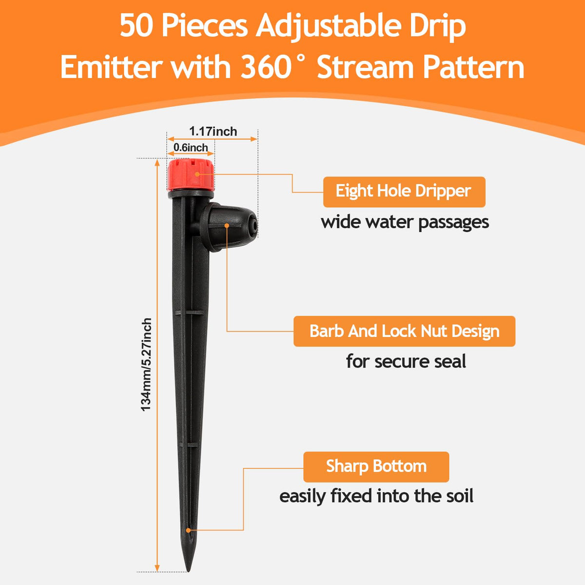 Copadri five inch stake keeps emitters upright for consistent irrigation.
