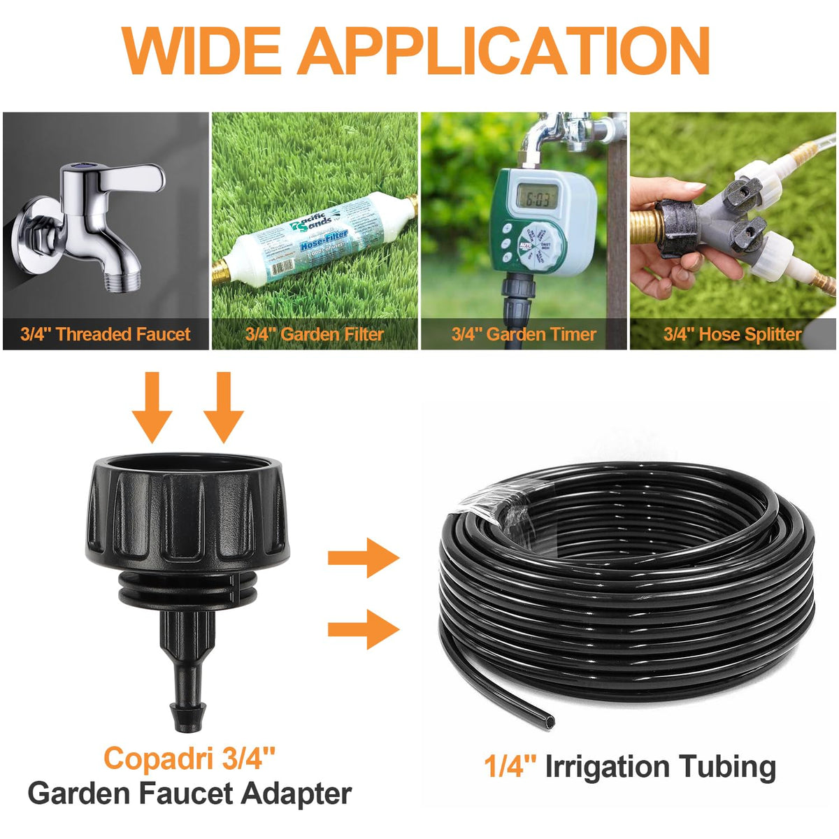 Copadri irrigation adapter installed on faucet shows secure twisting lock