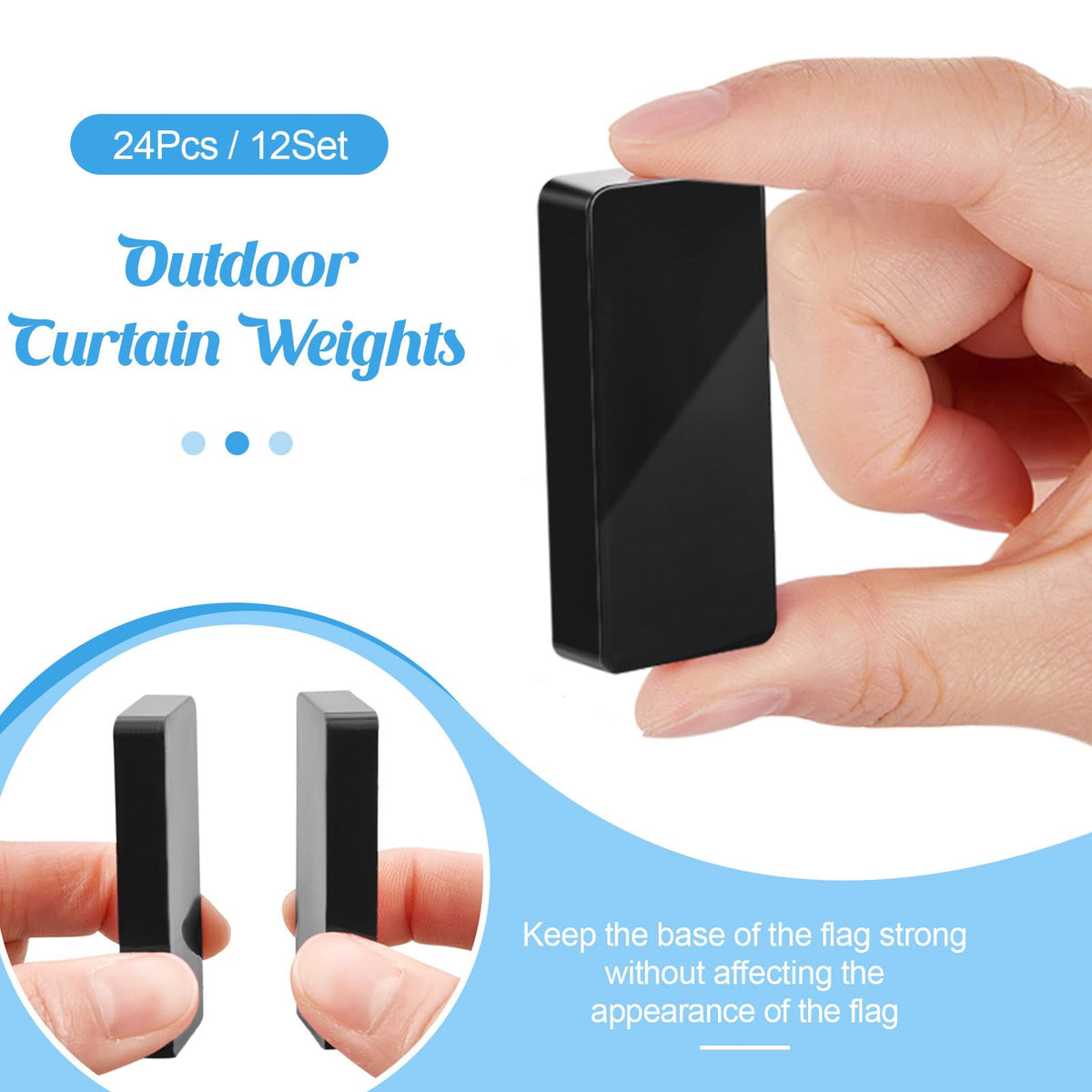 Copkim curtain weights on outdoor curtain demonstrate wind resistance.