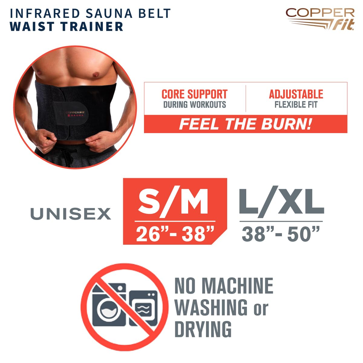 Copper Fit Infrared Sauna Belt with adjustable hook-and-loop closure for a secure fit.