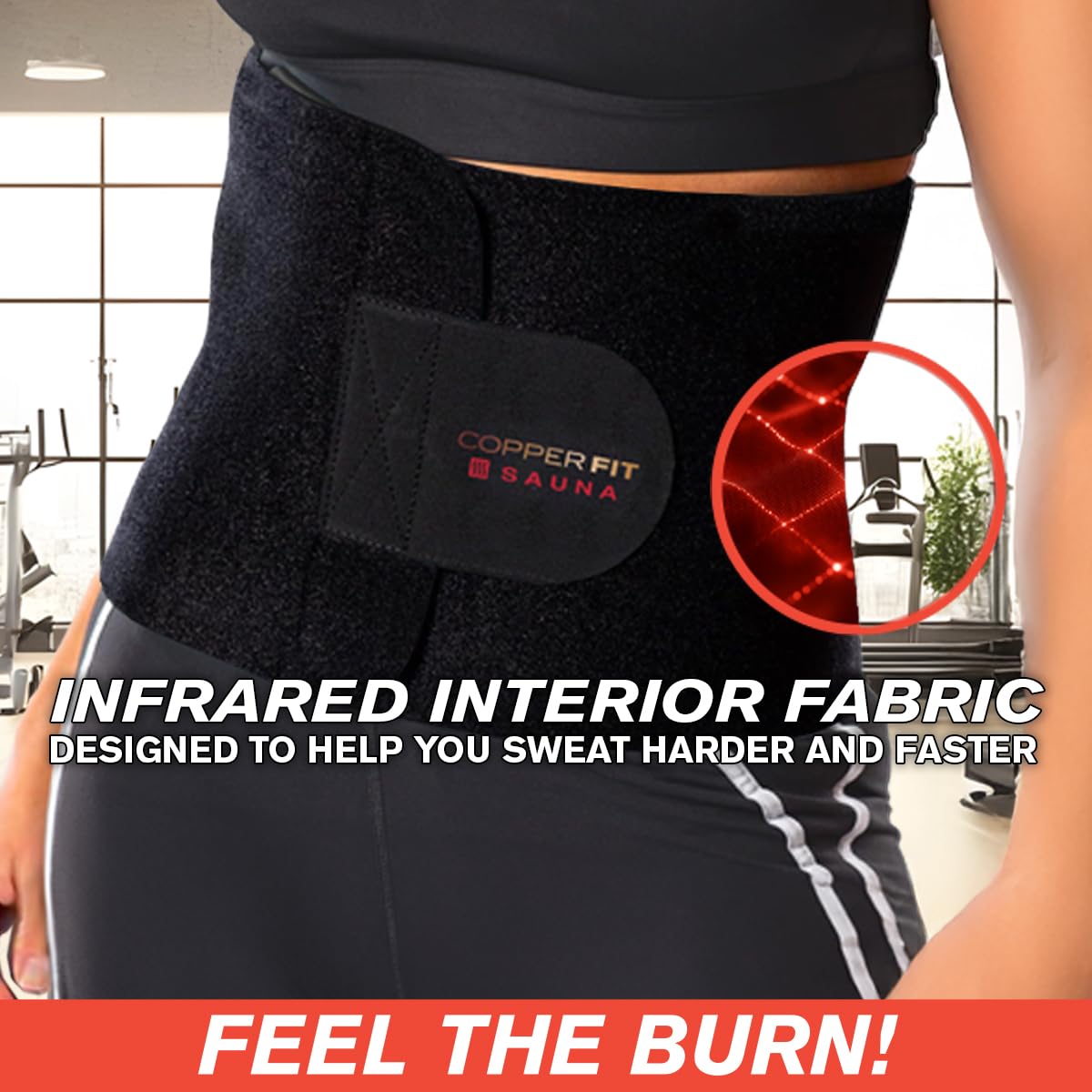 Copper Fit infrared sauna belt provides core and back support during activity.