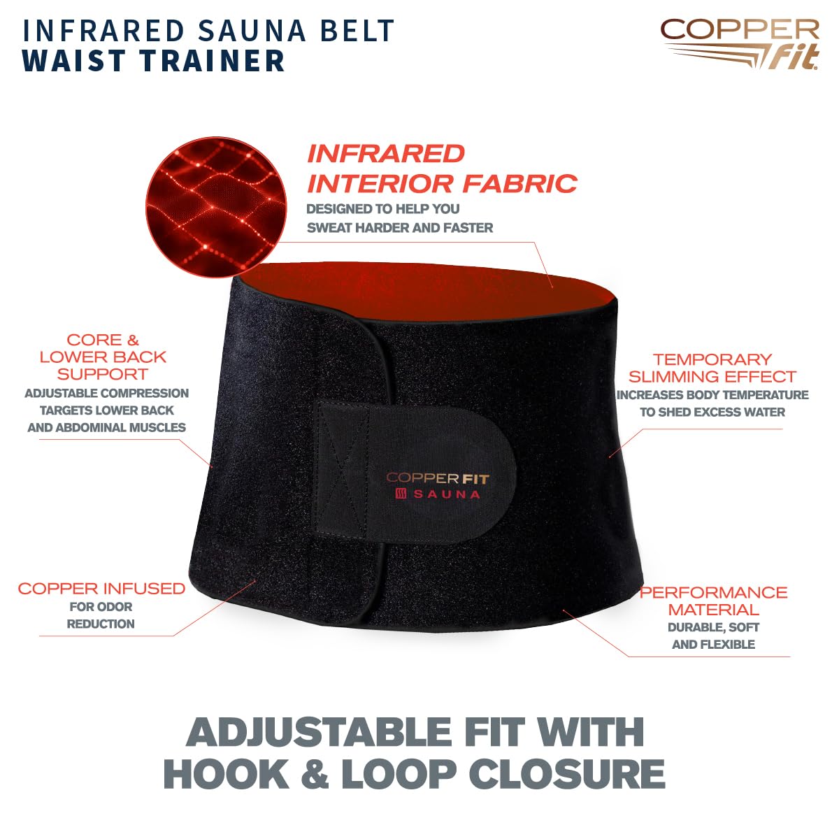 Copper Fit sauna belt interior fabric glows warm to support perspiration.