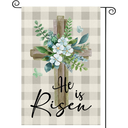 CoquetteBow012 He is Risen garden flag front view with watercolor cross for outdoors.