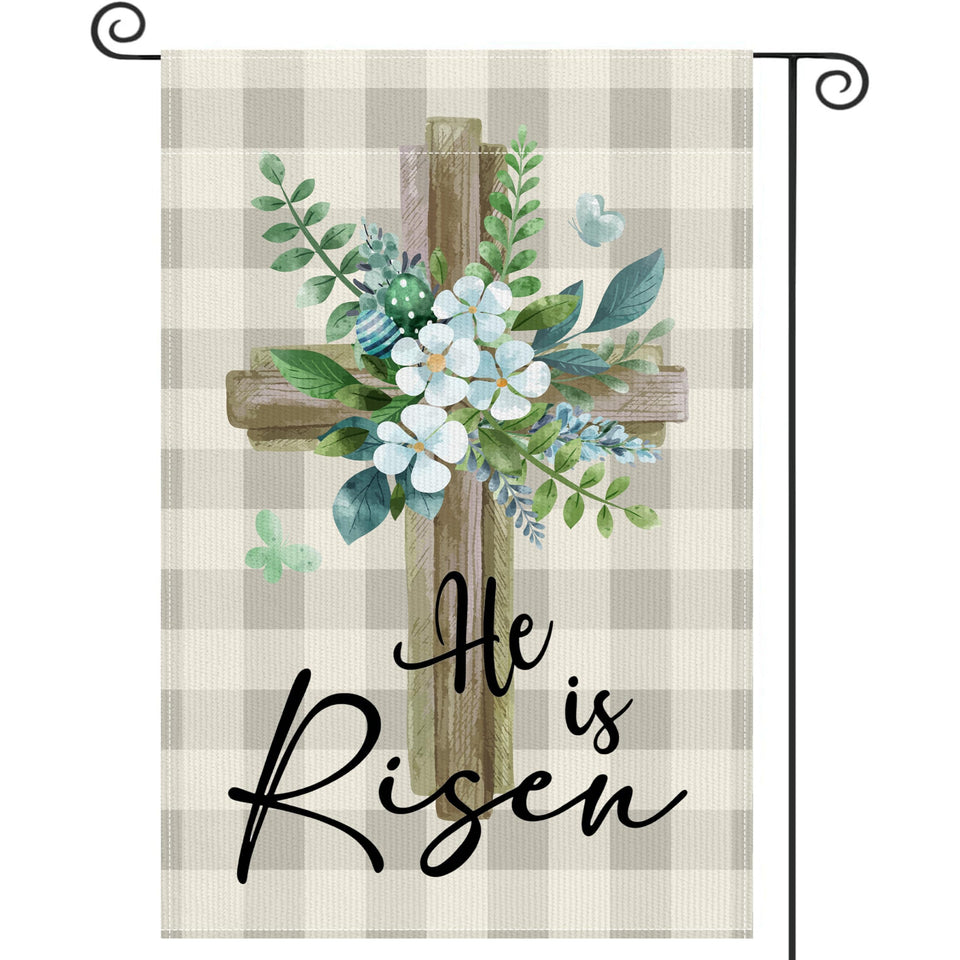 CoquetteBow012 He is Risen garden flag front view with watercolor cross for outdoors.