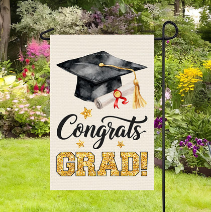 CoquetteBow012 2026 graduation flag front view with diploma cap for photo-ready yard decor.