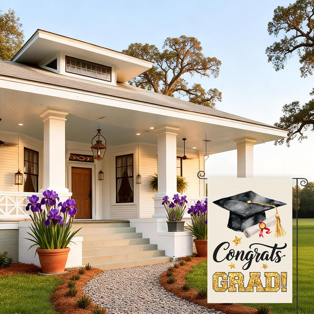 CoquetteBow012 2026 graduation flag displayed in a lawn or porch.
