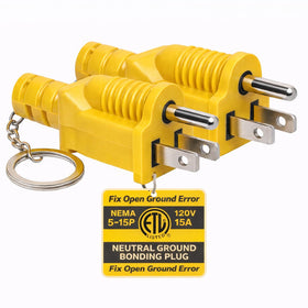 CORDMITPRO neutral ground bonding plug connected to a generator outlet enabling proper RV grounding.