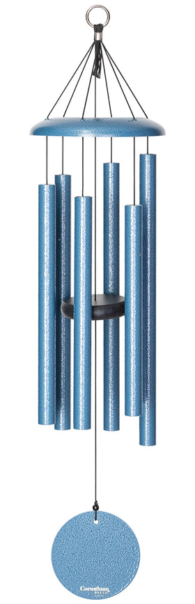 Corinthian Bells 30-inch Sky Blue wind chime on patio, color and musical ambiance.