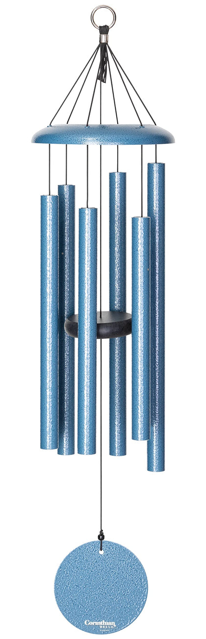 Corinthian Bells 30-inch Sky Blue wind chime on patio, color and musical ambiance.