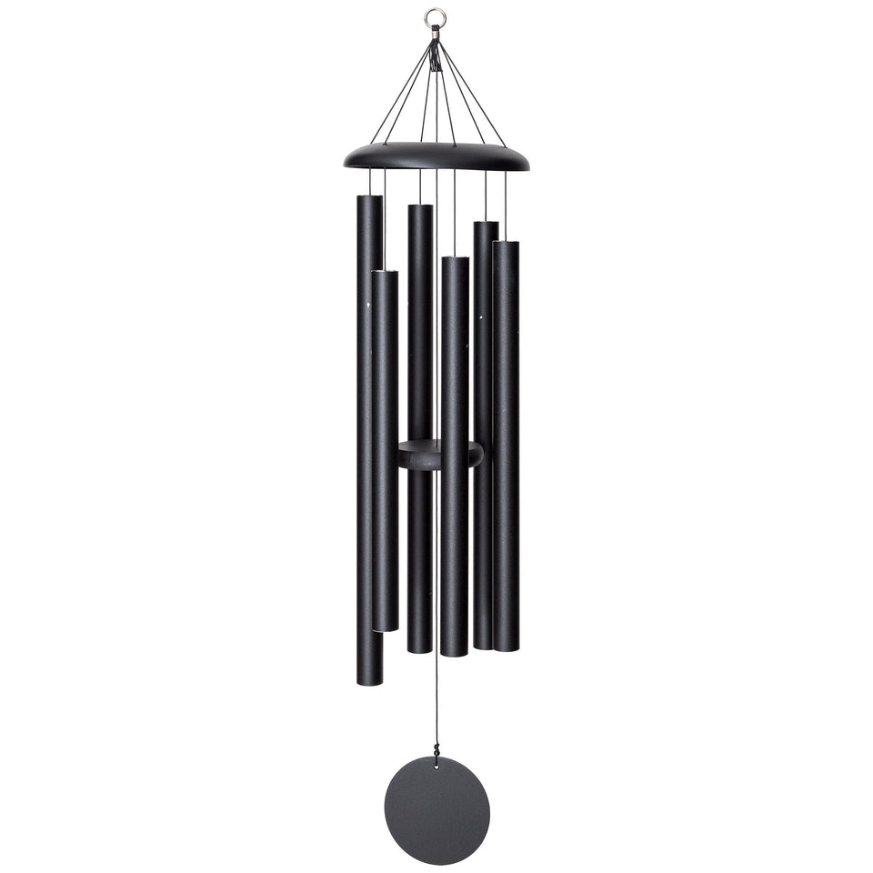Corinthian Bells 50-inch black deep-tone wind chime for outdoor patios and yards.