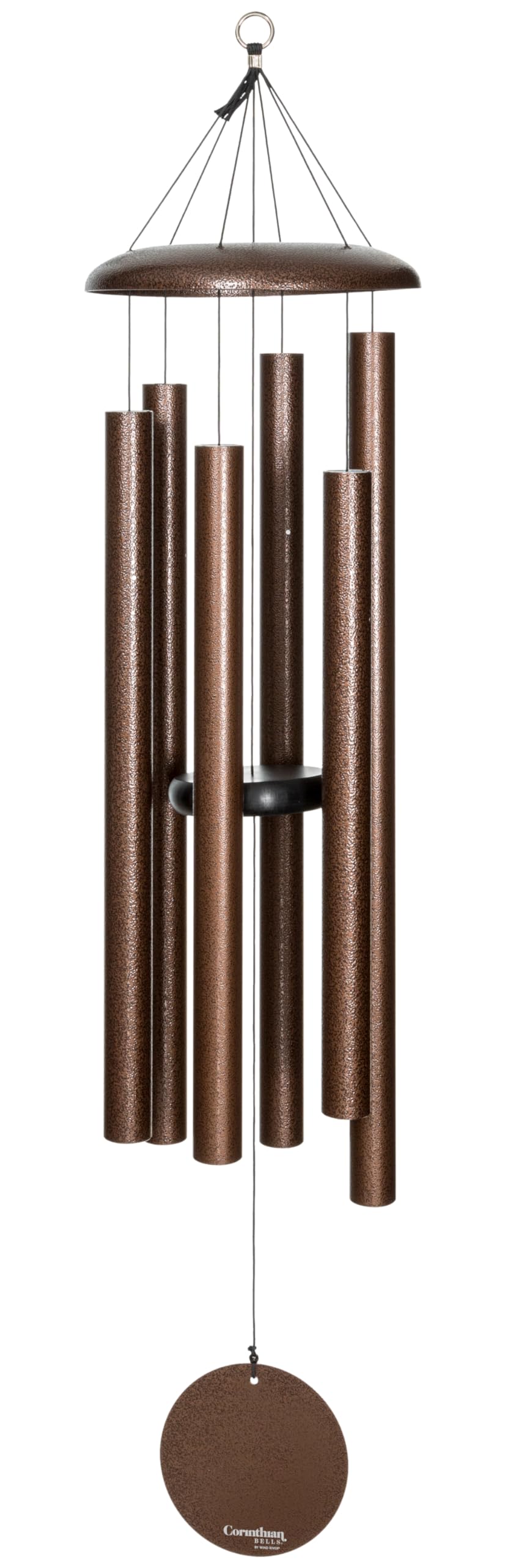 Corinthian Bells 50-inch copper vein wind chime hanging on a porch, adding deep outdoor ambiance.