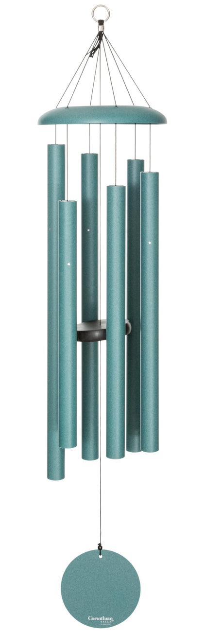 Corinthian Bells patina green chime on a porch creates soothing outdoor ambiance.