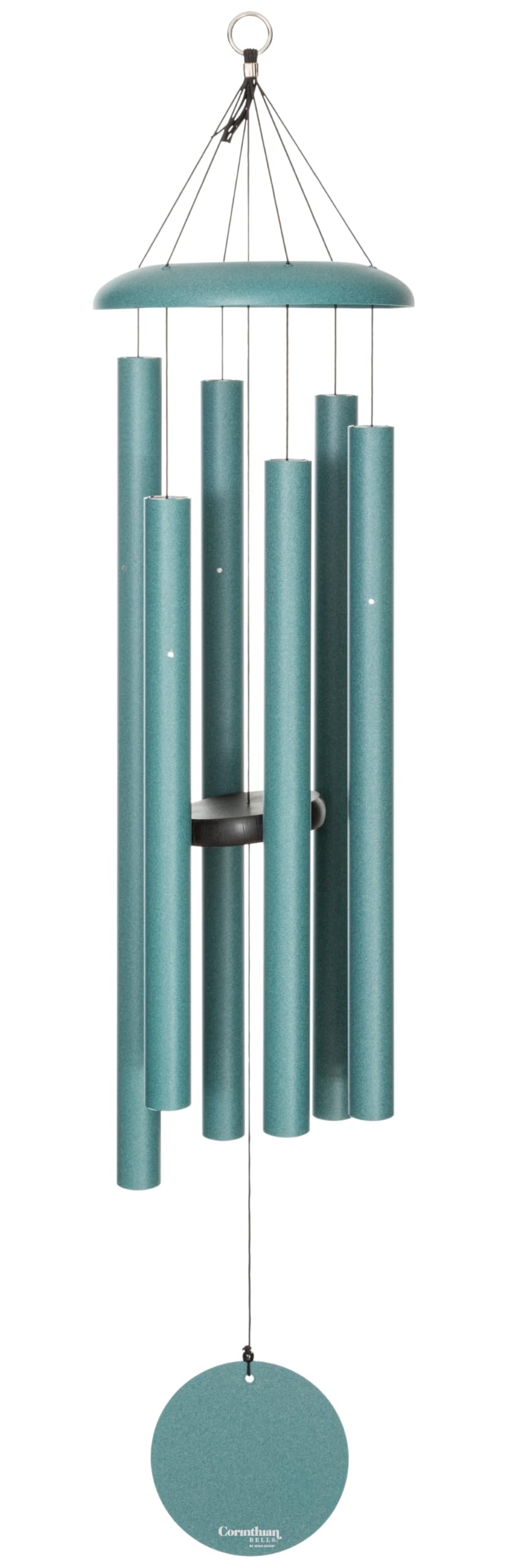Corinthian Bells patina green chime on a porch creates soothing outdoor ambiance.