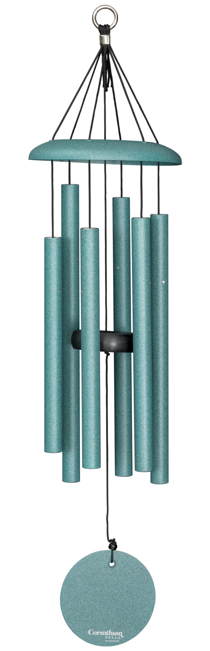 Corinthian Bells patina green wind chime in outdoor patio for relaxing ambience