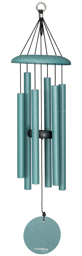 Corinthian Bells patina green wind chime in outdoor patio for relaxing ambience