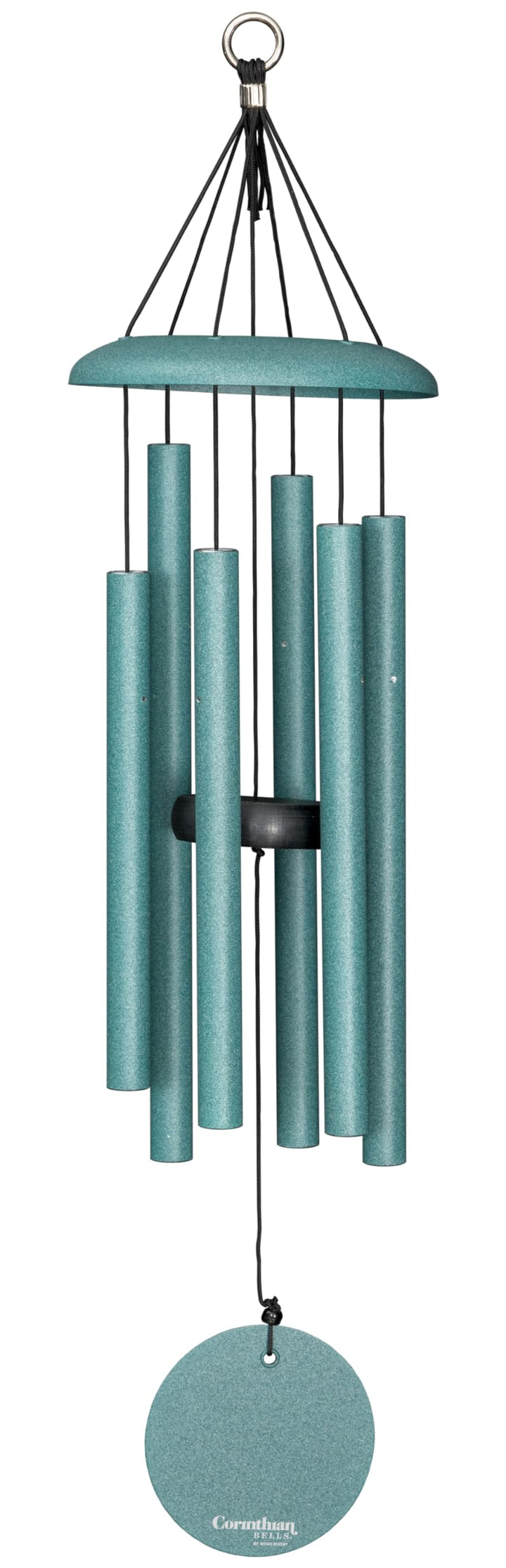 Corinthian Bells patina green wind chime in outdoor patio for relaxing ambience