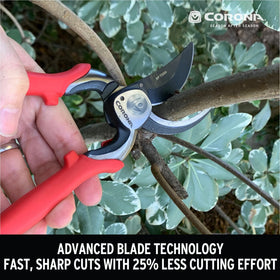 Corona BP 7200 ergonomic red handles provide a secure, non-slip grip for long pruning sessions.