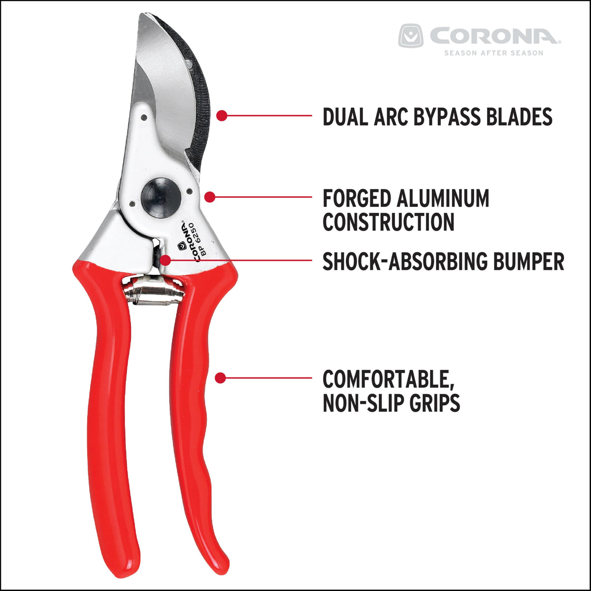 Corona BP6250 non-slip red grips ensure secure comfort while pruning