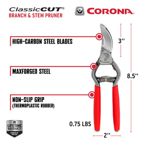 Corona ClassicCUT pruner cut-demo shows 1-inch capacity for thicker stems.