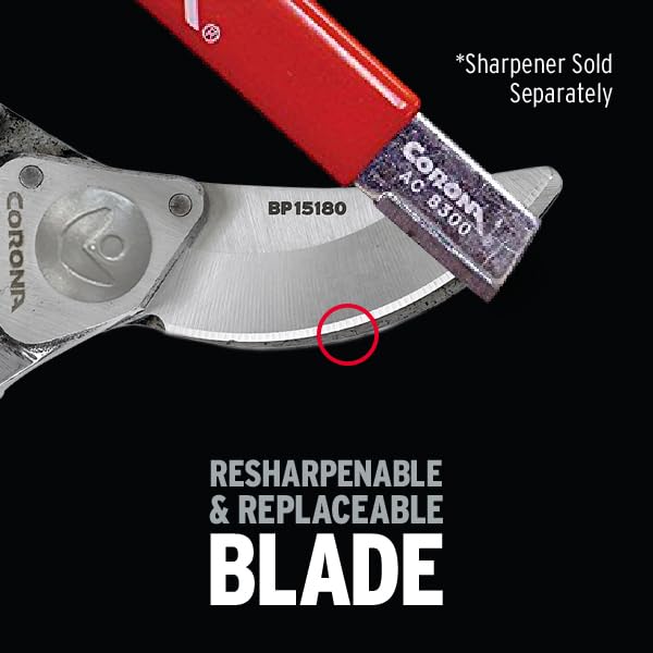 Corona pruner used for tree and shrub pruning in a garden scene.