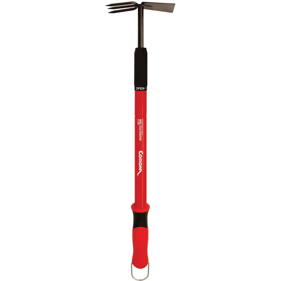 Corona GT3060 extendable handle hoe in action reducing bending during raised-bed weeding