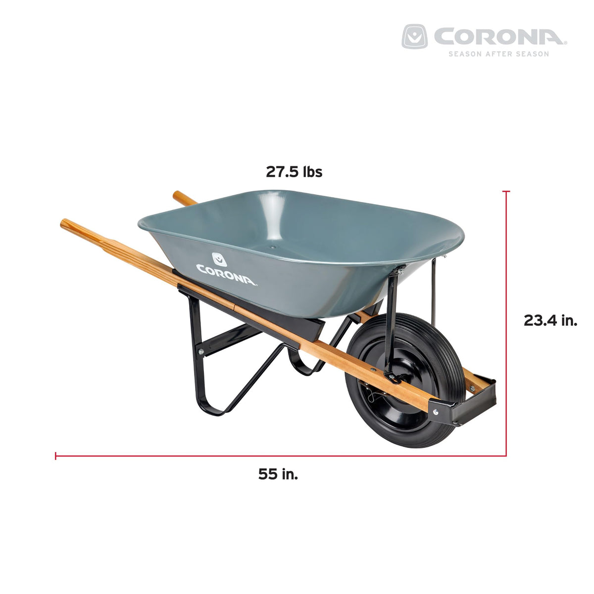 Corona Tools 15-inch flat-free tire provides smooth all-terrain movement.