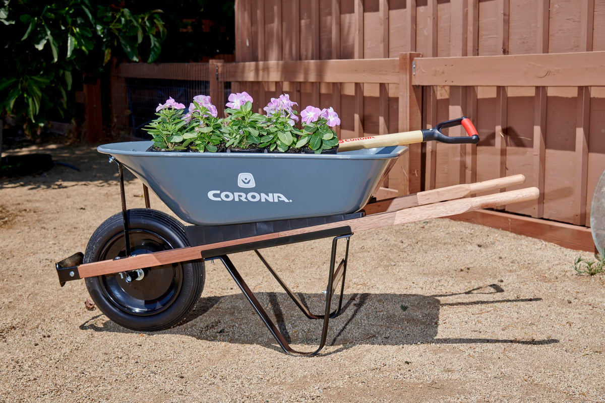 Corona Tools easy-assembly wheelbarrow in a box design for quick setup.