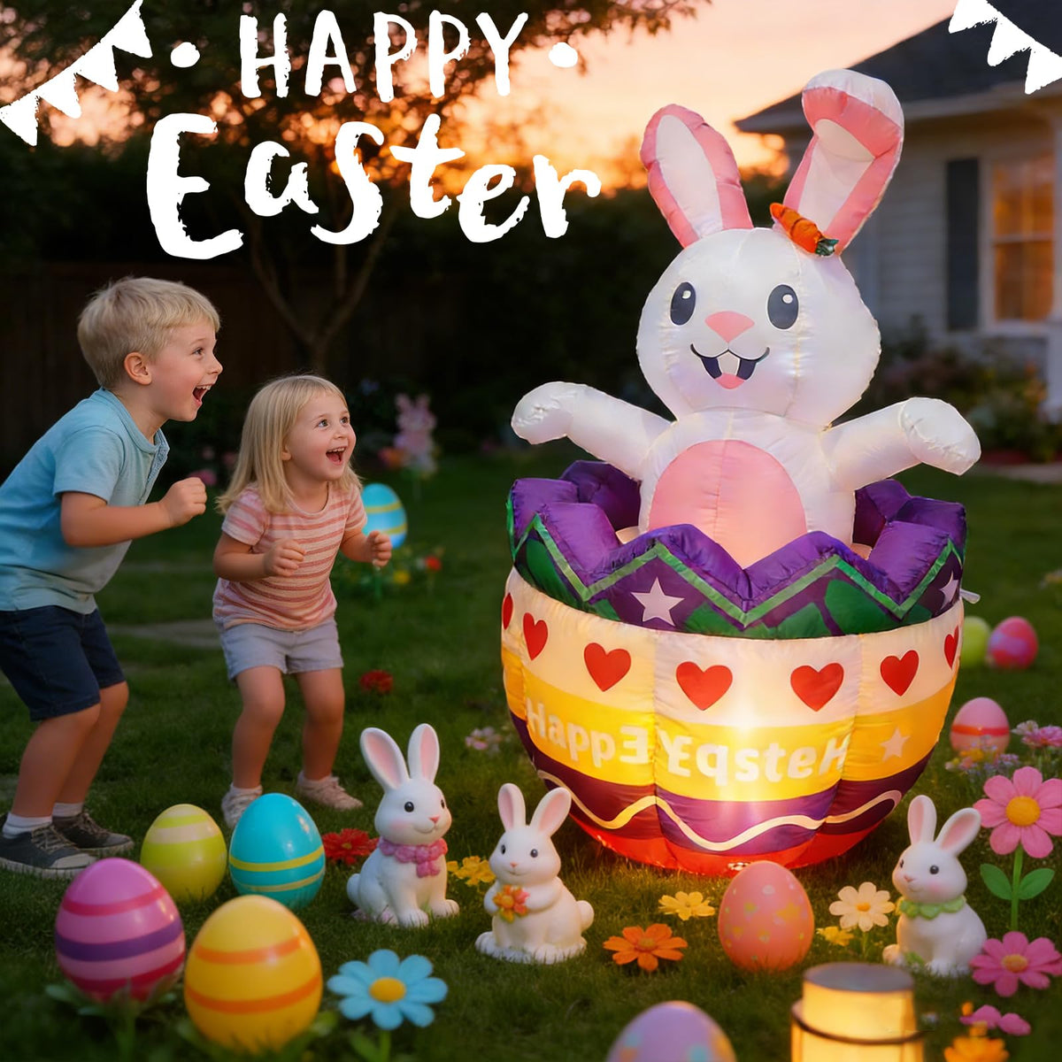 Cortile Easter bunny rises from a colorful egg for delight.