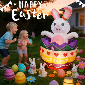 Cortile Easter bunny rises from a colorful egg for delight.