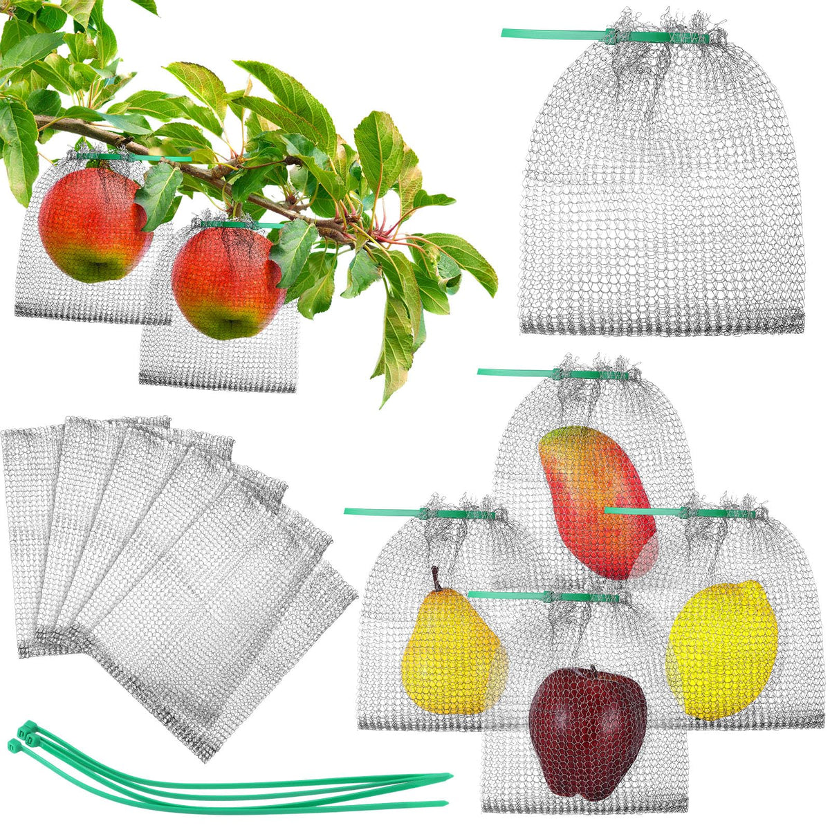 Cosblank stainless steel mesh fruit protection bag shielding peaches from birds on a tree.