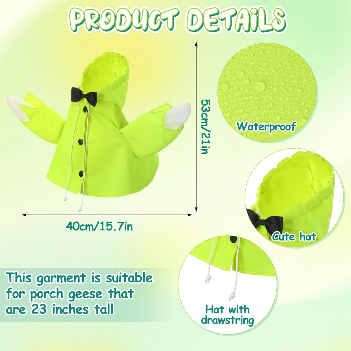 Cosblank goose clothes raincoat closeup highlights vibrant fluorescent yellow fabric.