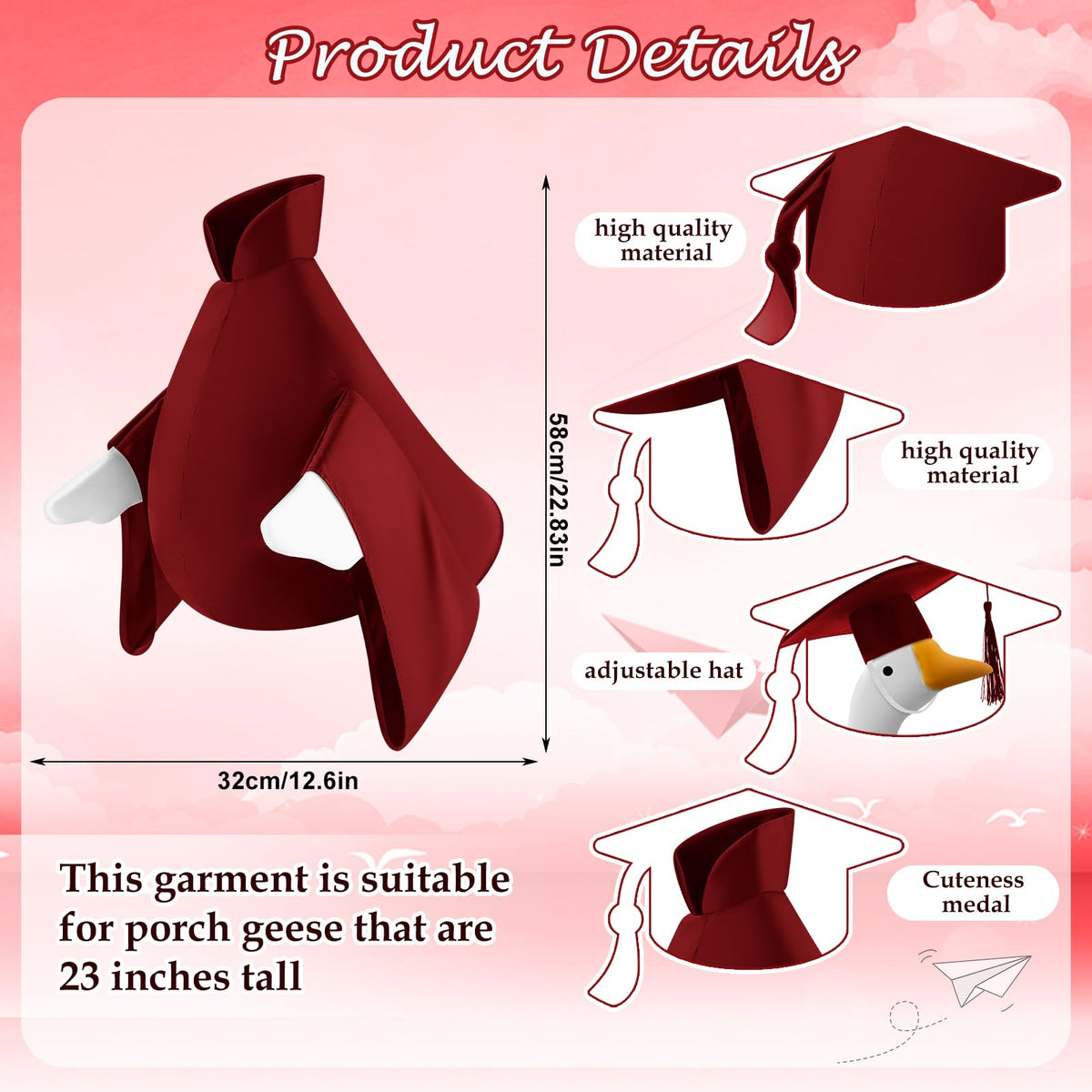 Cosblank graduation goose outfit side view showcasing burgundy attire for yard celebration