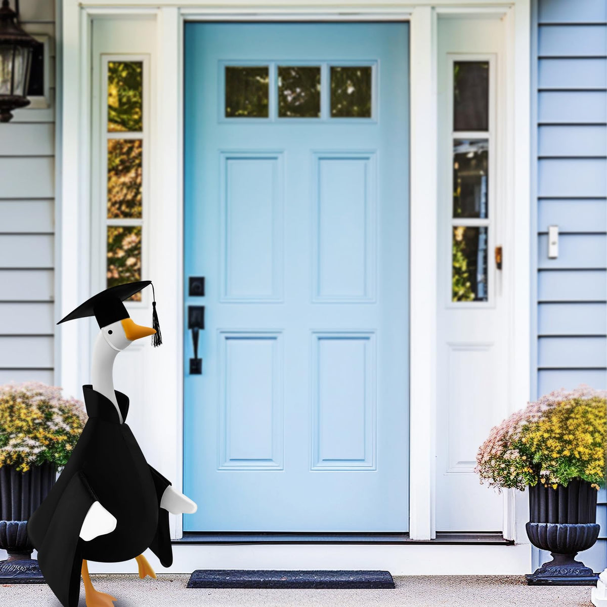 Cosblank black gown and cap set for garden goose statue inspiration.
