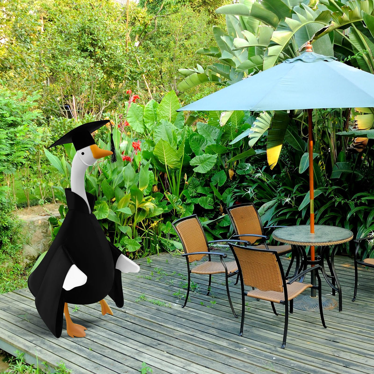 Cosblank graduation goose costume perfect for outdoor patio parties and photos.