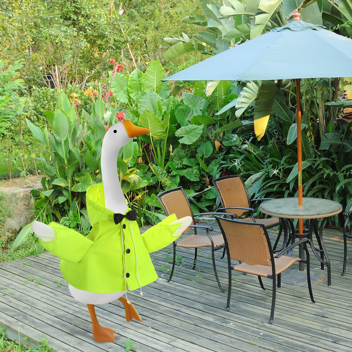 Cosblank porch goose outfit brightens outdoor statues with playful seasonal charm.