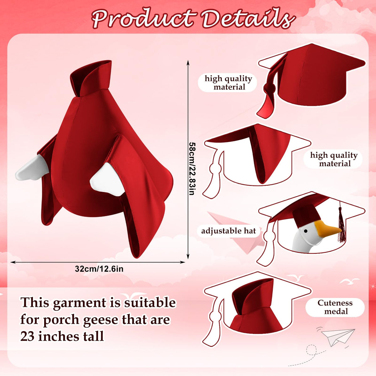 Cosblank Red Graduation Goose Clothing enhances porch visuals for celebrations.
