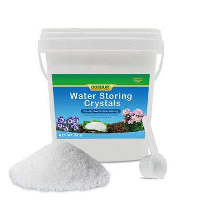 Cosbur 3lb water crystals with bottle and spoon for precise soil application.