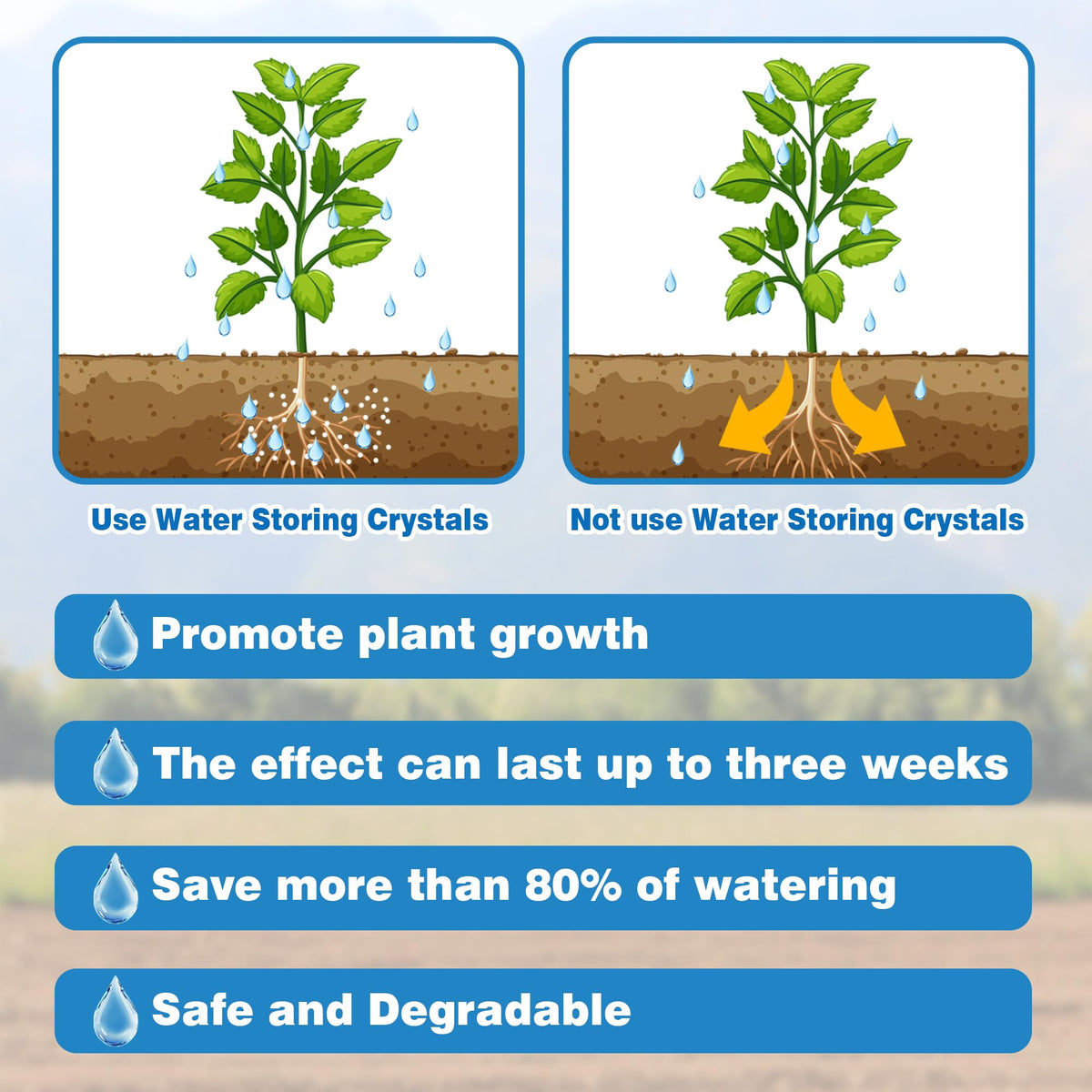 Cosbur water crystals support potting plants during dry spells with lasting moisture.