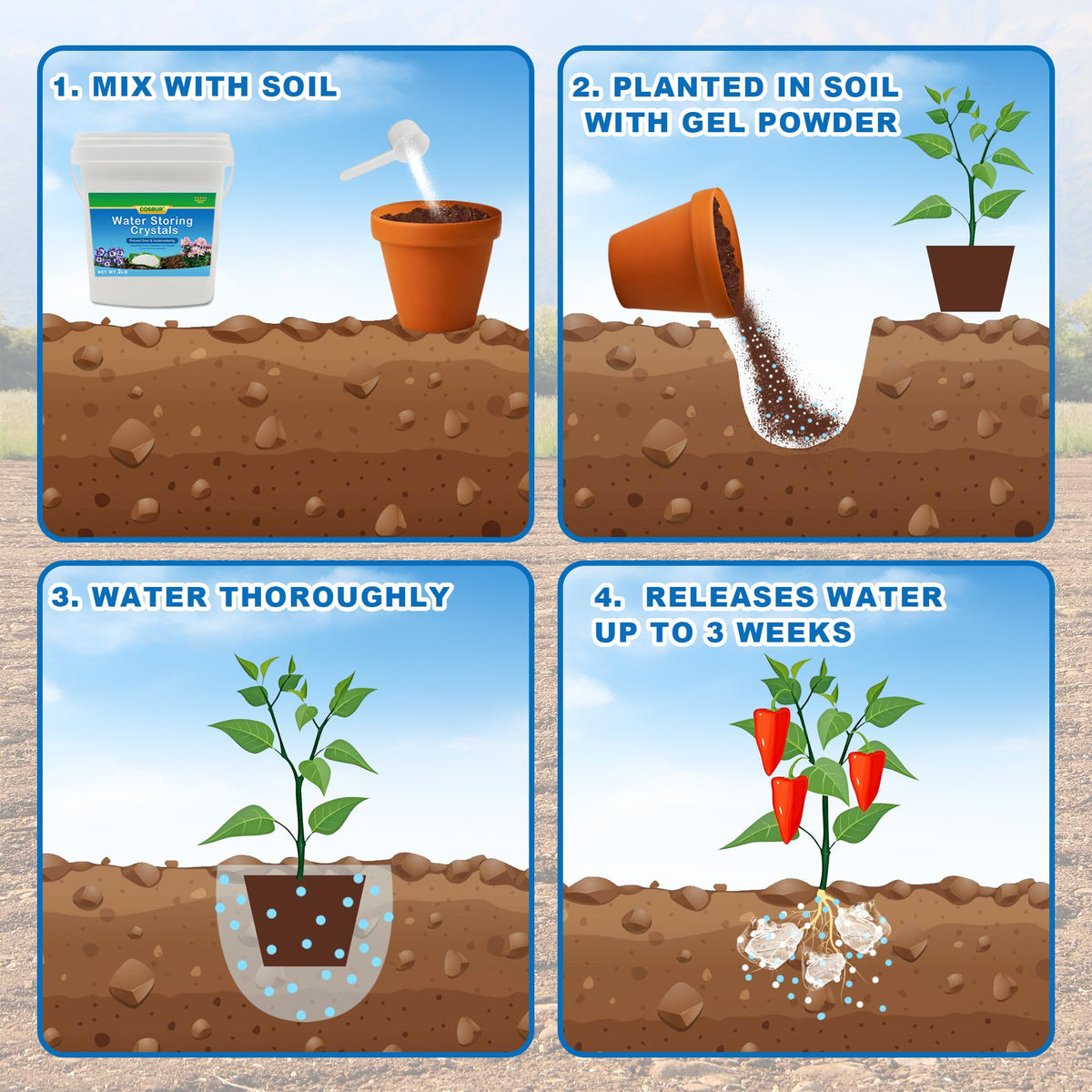 Cosbur water crystals in soil improve aeration and promote stronger roots.