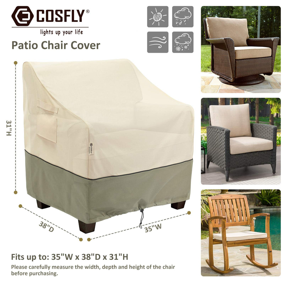COSFLY chair cover, side view, 2-pack, fits deep seats securely.