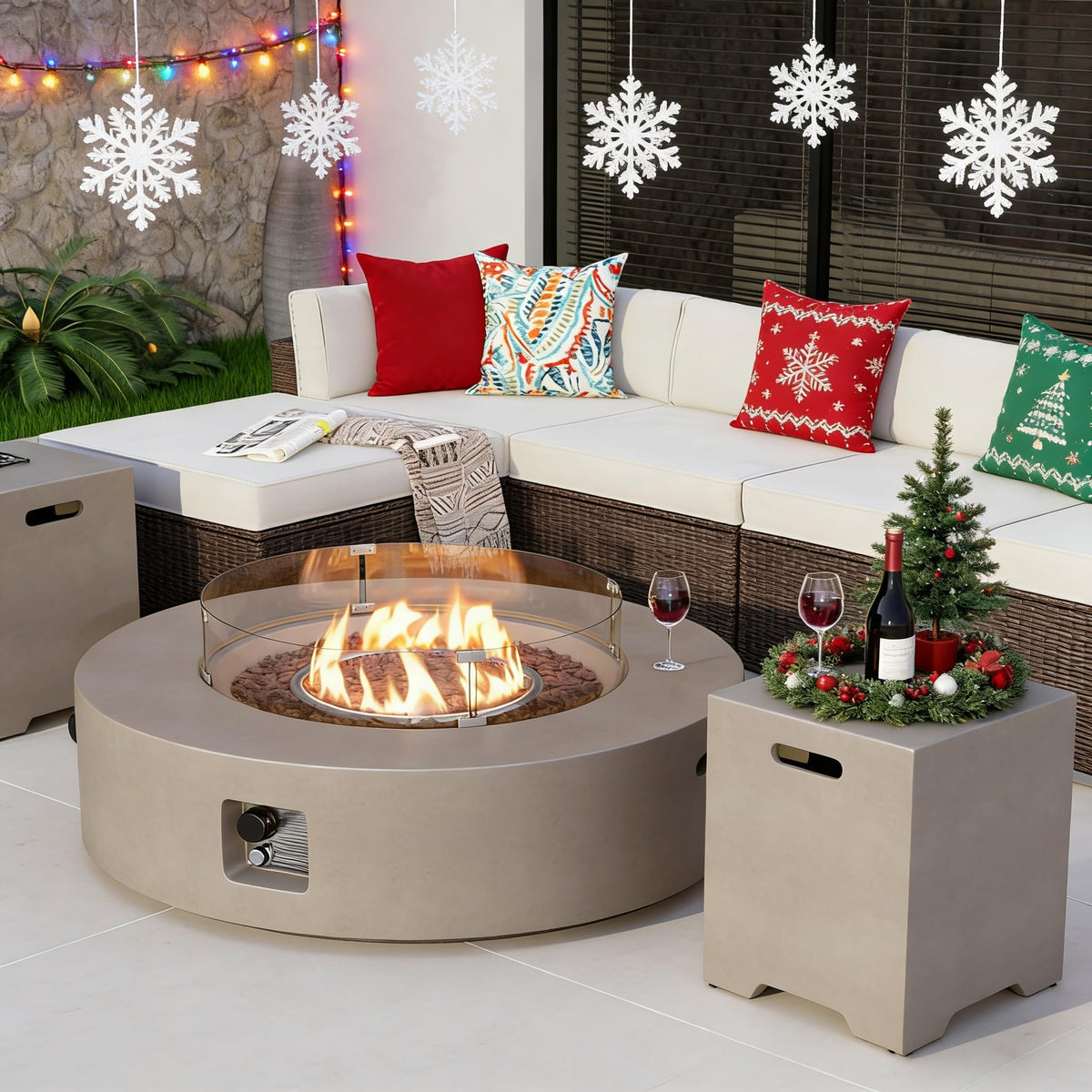 COSIEST 42-inch fire table with 50k BTU flames providing warmth