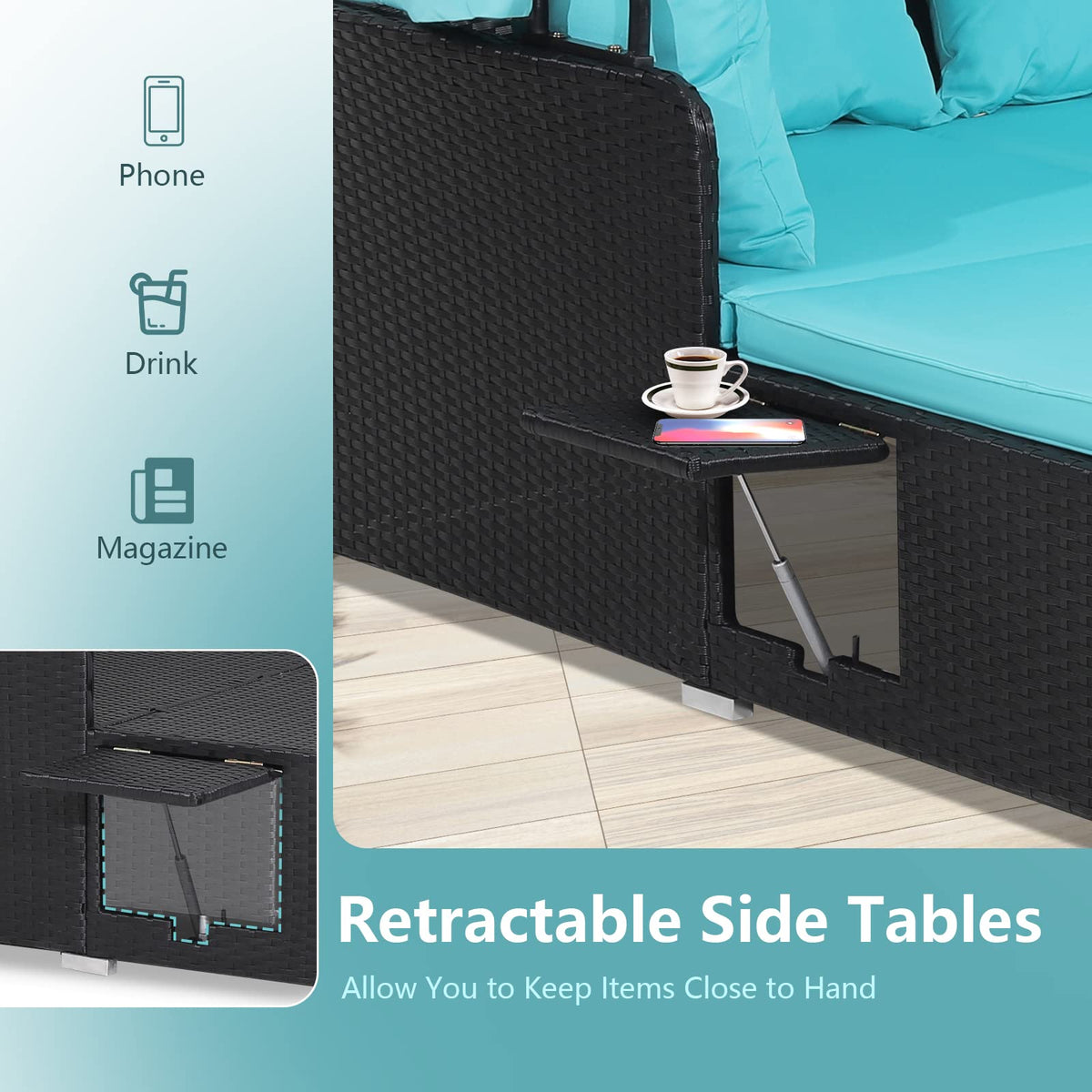 COSTWAY daybed with foldable side tables keeps drinks within reach